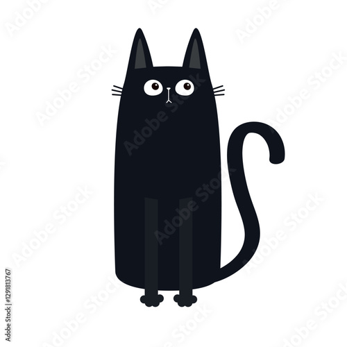 Black cat sitting. Cute face head. Funny kitten silhouette icon. Big ears. Kawaii pet animal. Cartoon funny baby character. Childish style. Happy Halloween. Flat design. White background. Vector