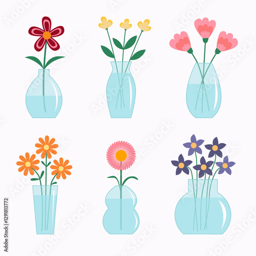 Flower in vase set banner. Different flowers. Glass vases with water. Cute colorful icon collection. Daisy, tulip, gerbera. Ceramic Pottery Glass decoration. White background. Flat design. Vector