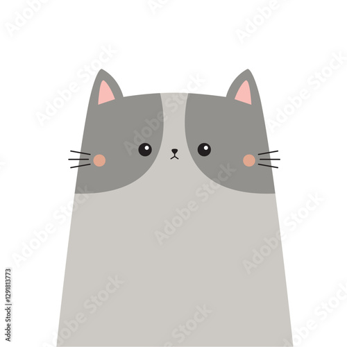 Cute cat face. Funny kitten head silhouette. Gray color. Cute cartoon character. Kawaii pet animal. Pink nose, ears. Childish style. Greeting card. Sticker print. Flat design. White background. Vector