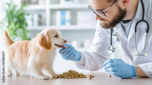 Promoting pet wellness through nutrition and grooming Veterinarian feeding a small dog in a clinic setting.