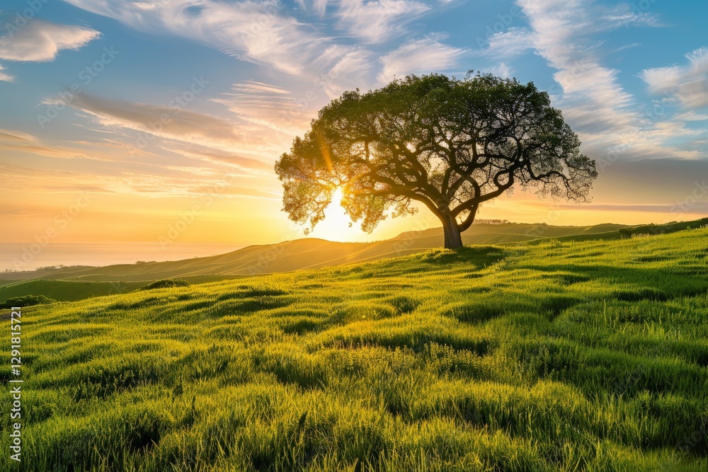 Sunset highlights solitary tree on grassy hillside with vibrant sky and distant horizon near the coast Sunset highlights solitary tree on grassy hillside with vibrant sky and distant horizon near the coast