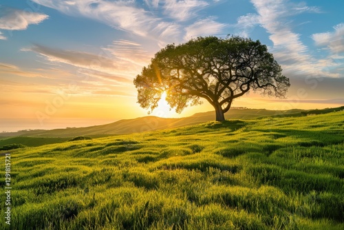 Sunset highlights solitary tree on grassy hillside with vibrant sky and distant horizon near the coast