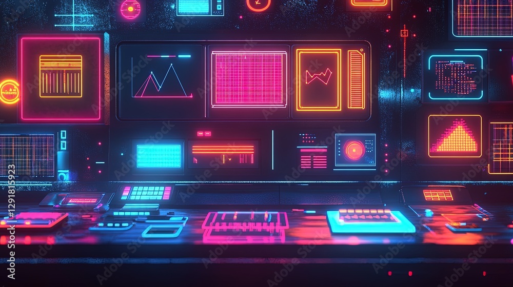 1980s-inspired computer interface with bright neon colors and geometric icons 1980s-inspired computer interface with bright neon colors and geometric icons