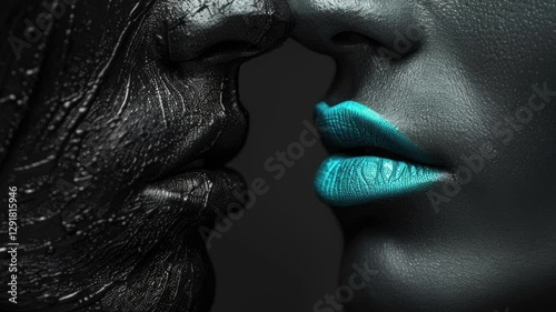 A close-up of two faces with black and blue makeup, focusing on their lips.