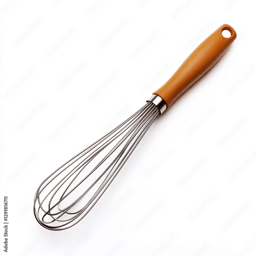 A High-Quality Stainless Steel Whisk with a Wooden Handle, Isolated on a White Background, Perfect for Cooking, Baking, and Kitchen Preparation A High-Quality Stainless Steel Whisk with a Wooden Handle, Isolated on a White Background, Perfect for Cooking, Baking, and Kitchen Preparation