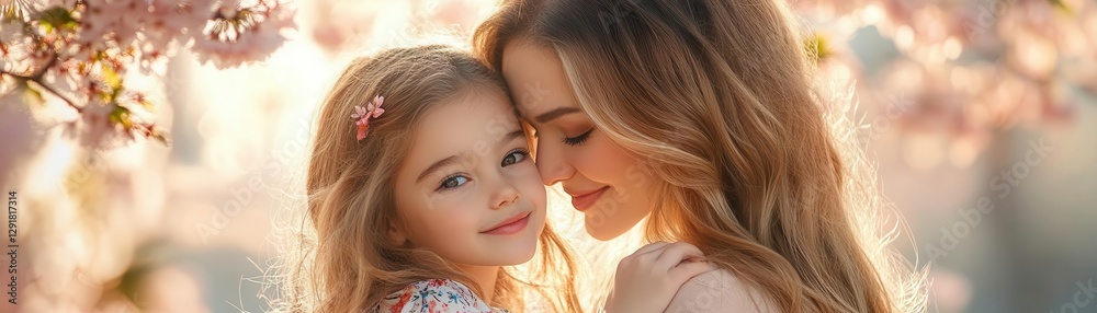 A mother and daughter embracing in front of a blooming cherry blossom tree, capturing a perfect spring Mothers Day moment A mother and daughter embracing in front of a blooming cherry blossom tree, capturing a perfect spring Mothers Day moment