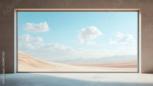Desert View Window, Minimalist Interior, Sandscape, Tranquil Scene, Contemporary Design