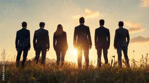 Group of businesspeople standing in a field at sunset, enjoying the view and contemplating the future