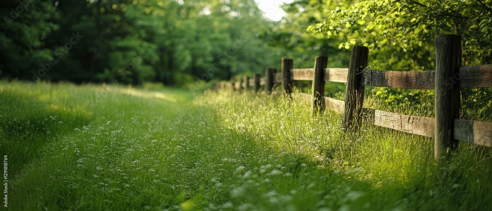 A rustic, sunlit path flanked by verdant trees and a weathered fence invites peaceful exploration and scenic reflection in a countryside landscape. A rustic, sunlit path flanked by verdant trees and a weathered fence invites peaceful exploration and scenic reflection in a countryside landscape.