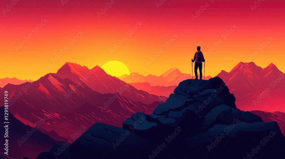 Majestic Sunset View from Mountain Peak with Silhouette of Hiker Majestic Sunset View from Mountain Peak with Silhouette of Hiker