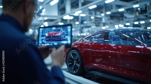 Futuristic tablet interface displaying car design in modern automotive manufacturing facility