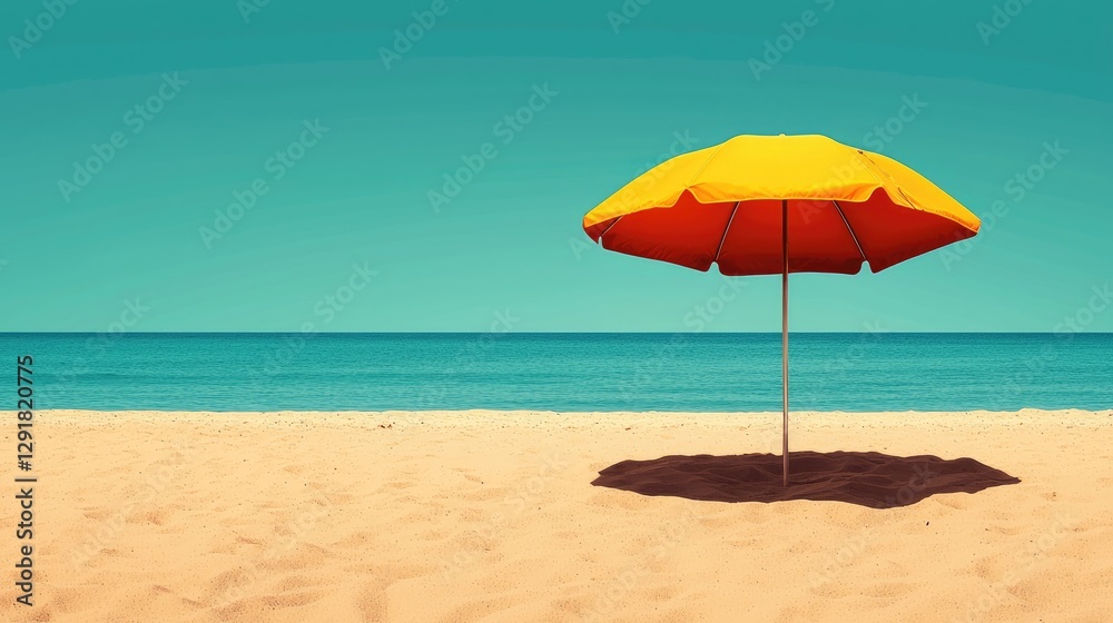 Vibrant Yellow Umbrella on a Serene Beach with Calm Blue Water Vibrant Yellow Umbrella on a Serene Beach with Calm Blue Water