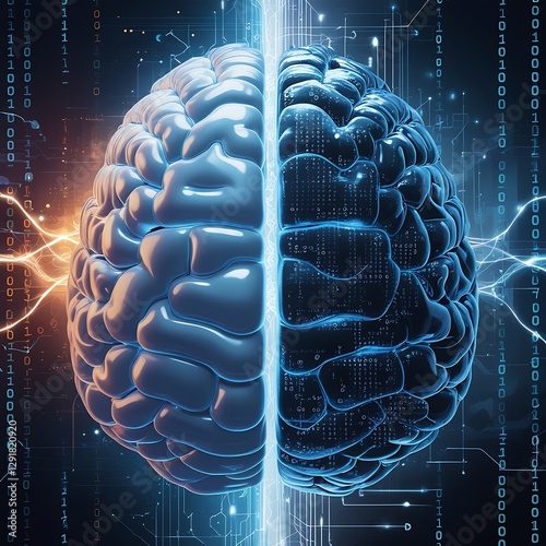A digital artwork of a human brain divided into two contrasting halves.