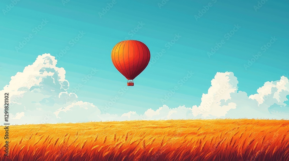 Obraz premium Vibrant Hot Air Balloon Over Golden Fields Under Blue Sky