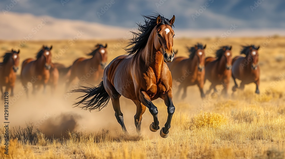 Fototapeta premium Wild Horses Running Desert Landscape