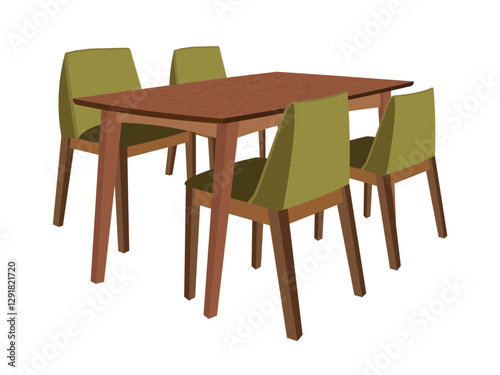 Wooden dining table with four green cushioned chairs, modern home furniture illustration