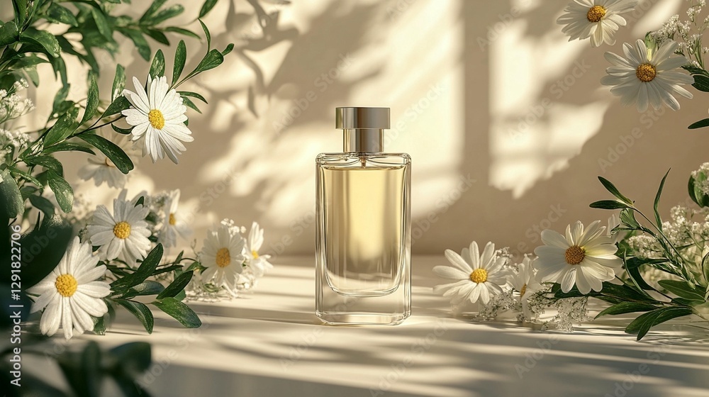 Perfume bottle with chamomile flowers in sunlight. Perfume bottle with chamomile flowers in sunlight.