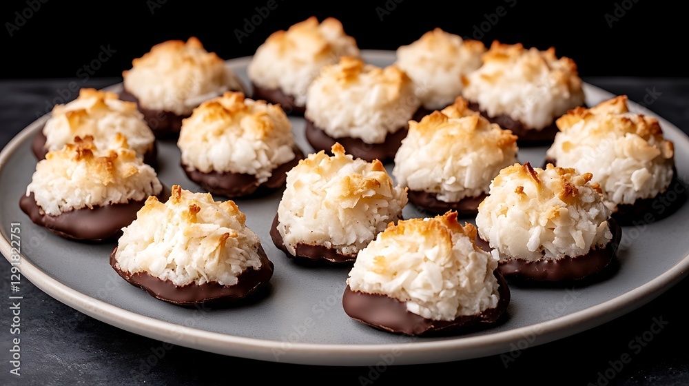 Coconut cookies dipped in chocolate, arranged on a plate, for dessert or snacking on dark background Coconut cookies dipped in chocolate, arranged on a plate, for dessert or snacking on dark background
