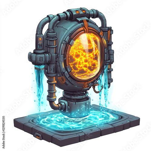 A radiant, electrically illuminated water feature crafted from sleek blue and grey metal, exuding a modern and futuristic aesthetic.