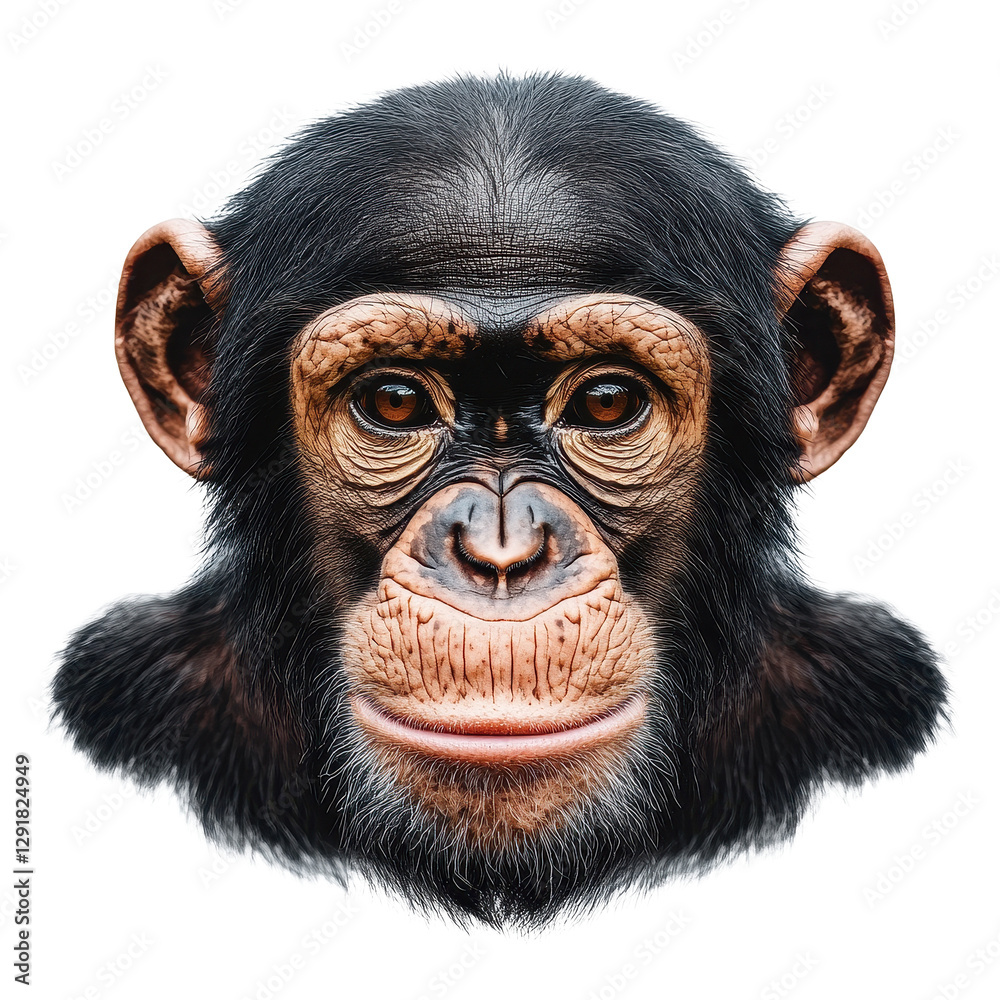 Captivating close up of a chimpanzee face isolated against a white background showcasing detail and texture, chimpanzee face shot isolated on white background Captivating close up of a chimpanzee face isolated against a white background showcasing detail and texture, chimpanzee face shot isolated on white background