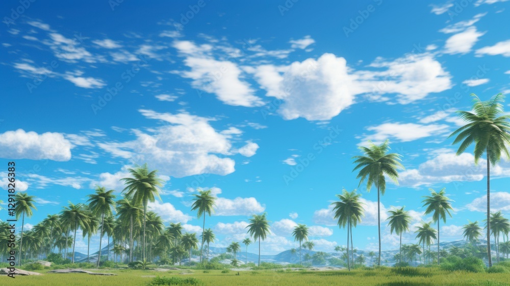 A field of palm trees with a blue sky in the background A field of palm trees with a blue sky in the background