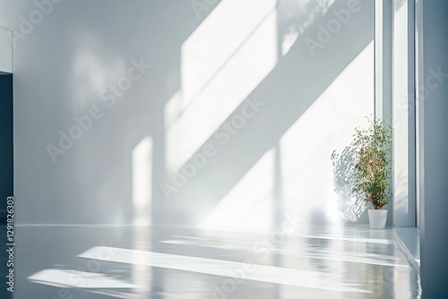 Sunlight is streaming through large windows in an empty modern interior, creating dramatic light and shadows on the white wall and polished floor, with a small potted plant near the window