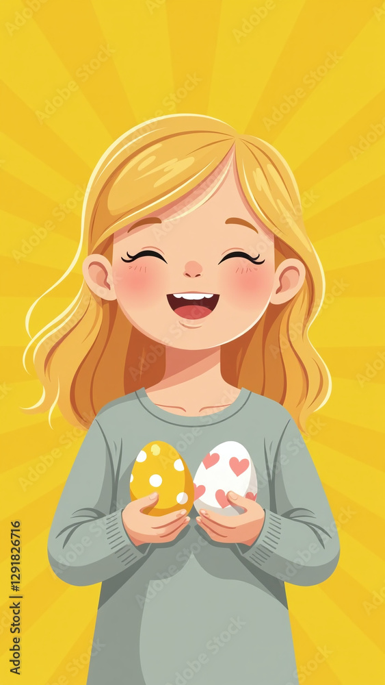 blonde girl smiles holds easter eggs closes eyes yellow background kids celebrate easter happily blonde girl smiles holds easter eggs closes eyes yellow background kids celebrate easter happily