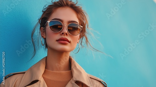 Woman in Trench Coat and Sunglasses Poses Confidently Under Blue Sky With Clo...