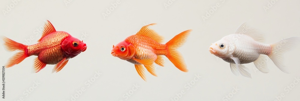 Fototapeta premium Three Goldfish Variations - Three goldfish, showcasing variations in color: red, orange, and white, against a light gray background