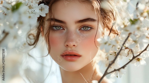Portrait of a Young Woman Surrounded by Soft Floral Elements in a Warm, Natur...