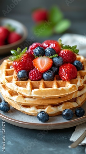 Delicious Stacked Waffles Topped With Fresh Berries in a Vibrant Kitchen Setting