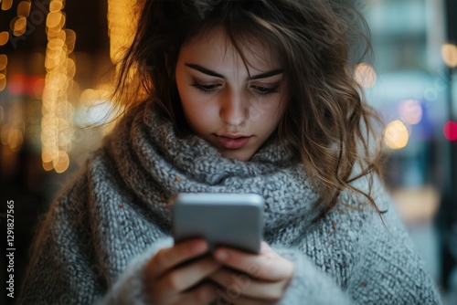 Young Woman With Curly Hair Using Smartphone Outdoors in Urban Environment