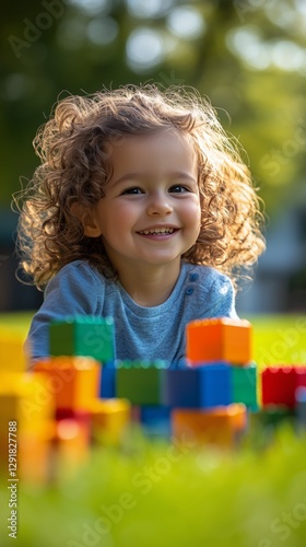 Smiling Child Plays With Colorful Building Blocks Outdoors on a Sunny Day