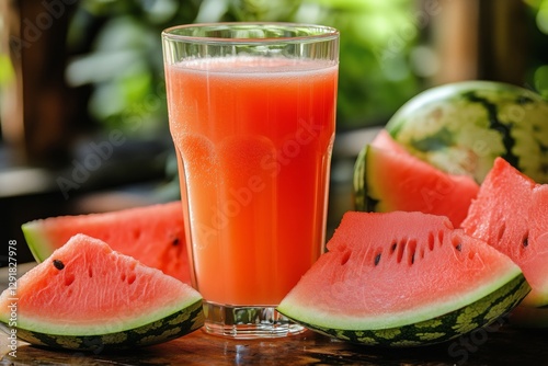 Refreshing Watermelon Juice Served With Fresh Slices and Whole Melons Outdoors