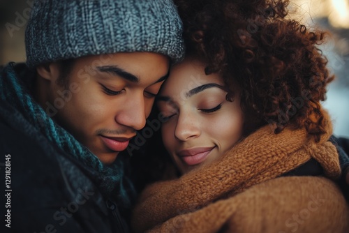 Couple Sharing a Tender Moment While Embracing in a Cozy Outdoor Setting Duri...