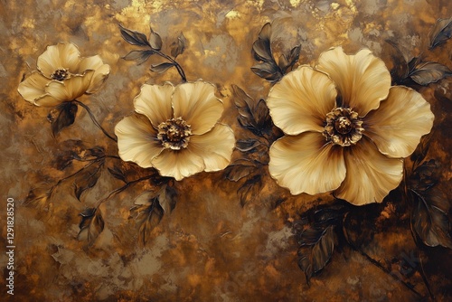 Golden Floral Wall Art Featuring Intricate Design and Vibrant Textures in Mod...