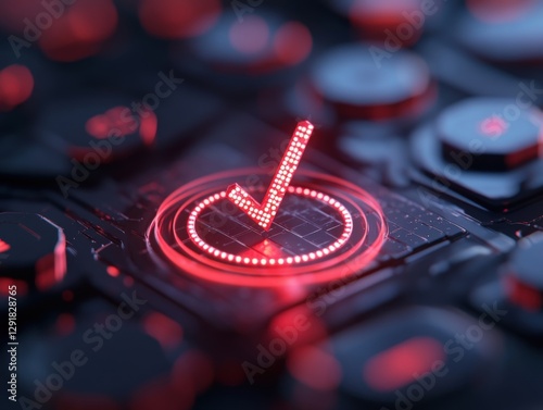 Glowing Red Checkmark on a Circuit Board.