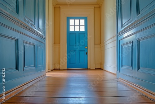 Bright Blue Door at the End of a Hallway in a Well-Lit Home Interior