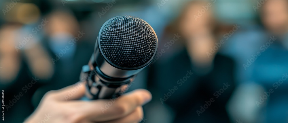 A microphone poised before a blurred audience, symbolizing communication, public speaking, and the power of voice.