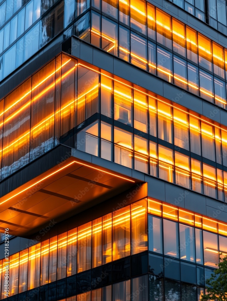 Fototapeta premium Orange Glow Modern Building Facade - Urban architecture, nighttime illumination, glass windows, modern design, orange light accents. Symbolizes progress, innovation, technology, sophistication