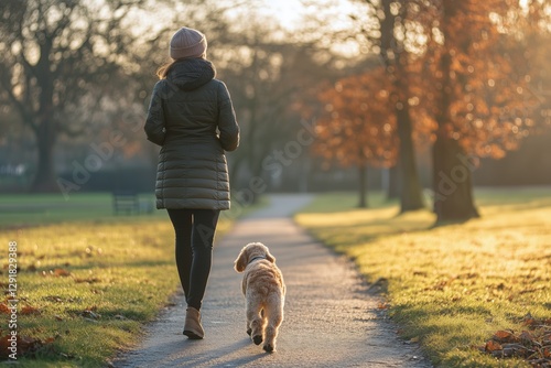 Woman Walking Her Dog Through a Park During Sunset in Autumn