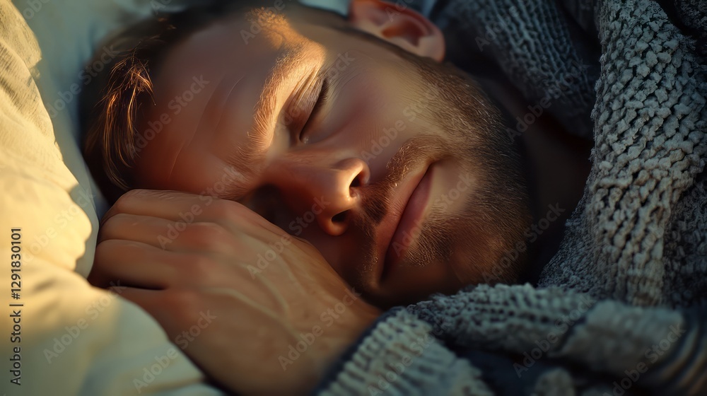 Restful Slumber: A man in a peaceful slumber, illuminated by soft, warm light, wrapped in a cozy blanket. Captured in a serene and tranquil moment, reflecting the calmness of sleep. Restful Slumber: A man in a peaceful slumber, illuminated by soft, warm light, wrapped in a cozy blanket. Captured in a serene and tranquil moment, reflecting the calmness of sleep.