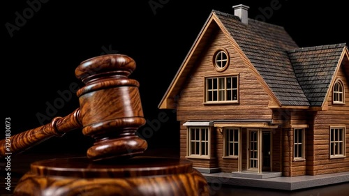 Judge's Gavel and Miniature House on Black Background – Ideal for Legal Disputes, Real Estate Cases, and Property Conflicts