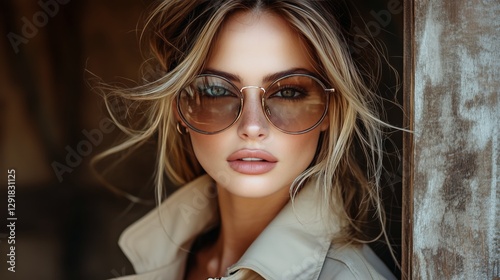 Stylish Portrait of a Woman Wearing Sunglasses Near a Rustic Wooden Wall