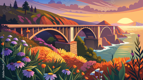 Majestic Bixby Bridge Sunset: Macro Photography of Coastal Flowers, Big Sur, California