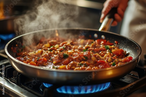 Delicious Vegetable Stew Simmering in a Pan on a Stove in a Cozy Kitchen Duri...