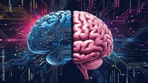 A digital artwork of a human brain divided into two contrasting halves.