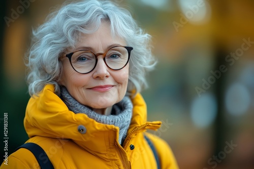 Elderly Woman Smiling in a Yellow Jacket During Autumn in the Park