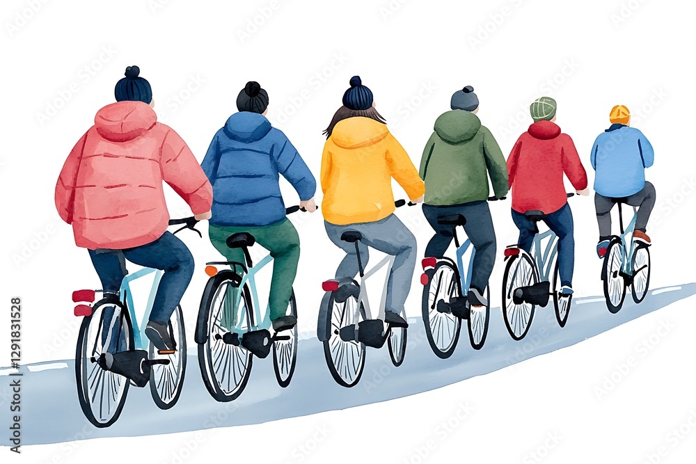 Fototapeta premium Colorful cyclists on a winter path, group of people riding bikes