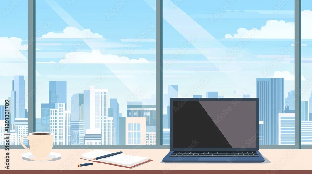 Remote work environment featuring a laptop, coffee, and notebook with a vibrant cityscape backdrop, emphasizing productivity Remote work environment featuring a laptop, coffee, and notebook with a vibrant cityscape backdrop, emphasizing productivity
